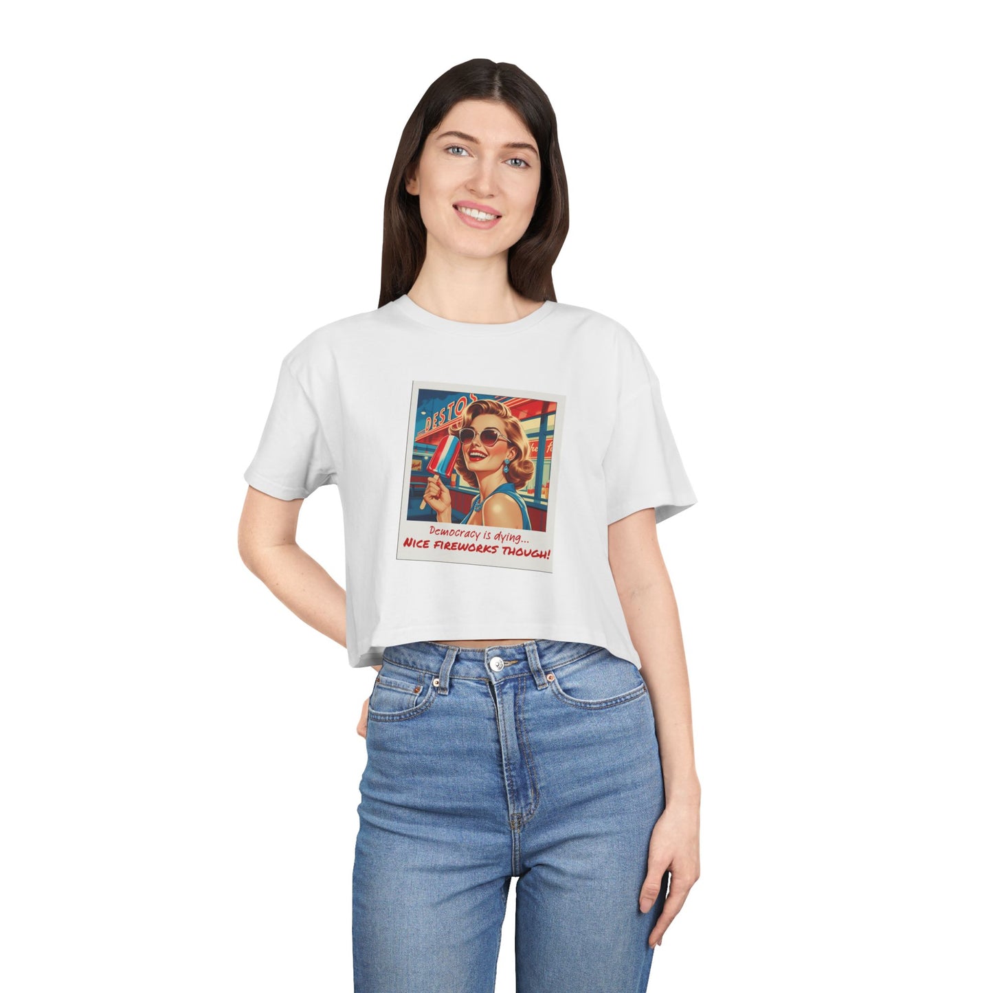 **"Nice Fireworks Though" Cropped Tee – Dystopia Never Looked So Good